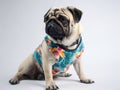 Cute Pug wearing a Summer vibe shirt with orange and red flowers blue leaves -studio white background portrait