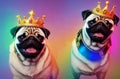 Cute pugs with crowns on heads smiling on bright multicolored background. Portrait of happy dogs with royal accessories