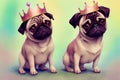 Cute pugs with crowns on heads smiling on bright multicolored background. Portrait of happy dogs with royal accessories