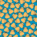 Cute pugs dog on blue background seamless pattern.