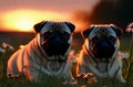 Cute pugs on green lawn with daisies at sunset. Sweet wrinkled dogs on walk on green grass with wild flowers, chamomiles