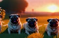 Cute pugs on green lawn with daisies at sunset. Sweet wrinkled dogs on walk on green grass with wild flowers, chamomiles