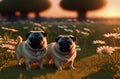 Cute pugs on green lawn with daisies at sunset. Sweet wrinkled dogs on walk on green grass with wild flowers, chamomiles