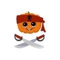 Cute pumpkin character with happy emotions, face, big eyes and wide smile in bandana with skull and crossed sabers.