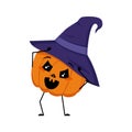 Cute pumpkin character in pointed hat with emotions in a panic grabs his head Royalty Free Stock Photo