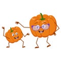Cute pumpkin characters funny grandmother and grandson, arms and legs. The funny or happy hero, orange autumn vegetable