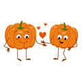 Cute pumpkin characters with love emotions, face, arms and legs. The funny or happy heroes, orange autumn vegetable