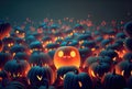 A cute pumpkin among other scary and unknown pumpkins in dark Halloween party. Mystery and spooky concept. Generative AI