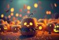 A cute pumpkin among other scary and unknown pumpkins in dark Halloween party. Mystery and spooky concept. Generative AI