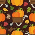 Cute Pumpkin Patch seamless pattern with different pumpkins in wheelbarrow