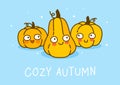 Cute pumpkins on blue background - cartoon characters for cozy autumn and Halloween greeting card and poster design