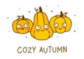 Cute pumpkins isolated on white background - cartoon characters for cozy autumn and Halloween greeting card and poster design