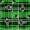 Cute punk pierced heart on plaid background vector pattern. Grungy alternative checkered home decor with cartoon animal