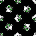 Cute punk rock raccoon on black background vector pattern. Grungy alternative checkered home decor with cartoon animal