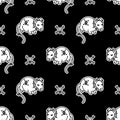 Cute punk rock rat monochrome lineart on black background vector pattern. Grungy alternative checkered home decor with