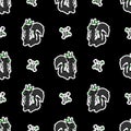 Cute punk rock skunk and skull on black background vector pattern. Grungy alternative checkered home decor with cartoon