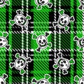 Cute punk skull on plaid background vector pattern. Grungy alternative checkered home decor with cartoon animal Royalty Free Stock Photo