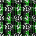 Cute punk skunk with skull on plaid background vector pattern. Grungy alternative checkered home decor with cartoon