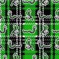 Cute punk snake on plaid background vector pattern. Grungy alternative checkered home decor with cartoon animal