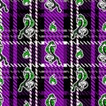 Cute punk snake on plaid background vector pattern. Grungy alternative checkered home decor with cartoon animal