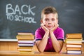 Cute pupil with books in classroom