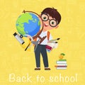 Cute pupil Boy. Back to School cartoon character with globe on yellow background woth icons. Vector