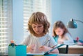 Cute pupil writing at desk in classroom at the elementary school. Student boy doing test in primary school. Children Royalty Free Stock Photo