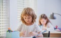 Cute pupil writing at desk in classroom at the elementary school. Student boy doing test in primary school. Children