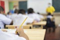 Cute pupil writing at desk in classroom at the elementary school. Student girl doing test in primary school. Children writing Royalty Free Stock Photo