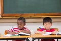 Cute pupils writing at desk in classroom