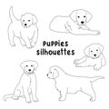 Cute puppies black thin lines silhouettes on white background, cartoon drawing adorable pets, editable vector