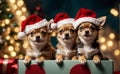 Cute puppies Chihuahua wearing Santa Claus red hat sit in the gift box