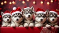 Cute puppies husky wearing Santa Claus red hat sit in the red gift box