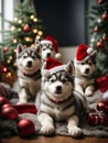 Cute puppies husky wearing Santa Claus red hat under the Christmas tree