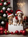 Cute puppies and kitten wearing Santa Claus red hat. Generative AI Royalty Free Stock Photo