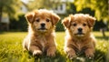 cute puppies a lawn with grass on a sunny day adorable small