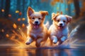 Cute puppies playing splash autumn explosion atmosphere generated by ai