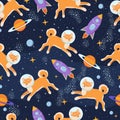 Cute puppy astronaut in cosmos seamless pattern. Shiba inu in space with stars, planets, galaxy. Childish design