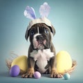 cute puppy baby dog with Easter eggs and Easter outfit and rabbit ears AI Generated