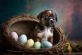 Cute puppy on bird nest with colorful easter eggs Royalty Free Stock Photo