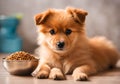 Cute puppy with a bowl of dog food. Royalty Free Stock Photo