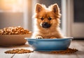 Cute puppy with a bowl of dog food and some food on the wooden flor. Royalty Free Stock Photo