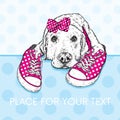 Cute puppy with bows and sneakers in polka dots. Vector illustration for a postcard or a poster, print for clothes. Pedigree dog.