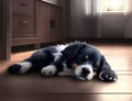 Cute puppy breed Bernese Mountain dog lying on the floor. Dog portrait, long-haired dog, pet