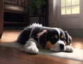 Cute puppy breed Bernese Mountain dog lying on the floor. Dog portrait, long-haired dog, pet