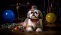 A cute puppy celebrates its birthday with a small party generated by AI