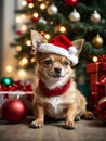 Cute puppy Chihuahua wearing Santa Claus red hat under the Christmas tree