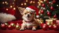 Cute puppy Chihuahua wearing Santa Claus red hat under the Christmas tree