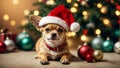 Cute puppy Chihuahua wearing Santa Claus red hat under the Christmas tree