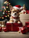Cute puppy Chihuahua wearing Santa Claus red hat under the Christmas tree sits in the gift box
